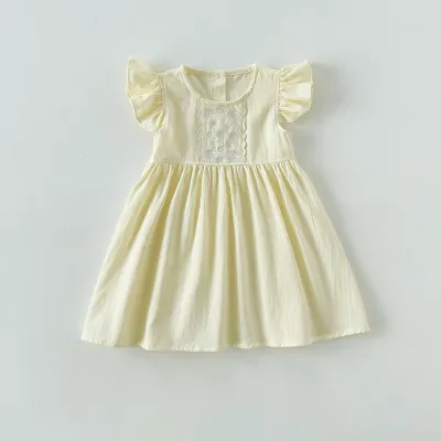 Kids Toddler Girls Casual Cute Flower Raglan Sleeve Dress Cotton Solid Color