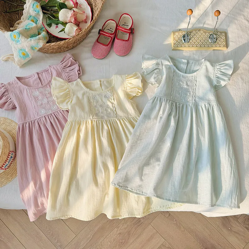 Kids Toddler Girls Casual Cute Flower Raglan Sleeve Dress Cotton Solid Color