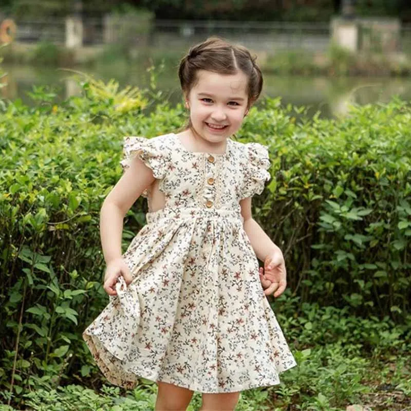 Kids Toddler Girls Casual Cute Tiny Flower Print Fluttering Sleeveless Dress
