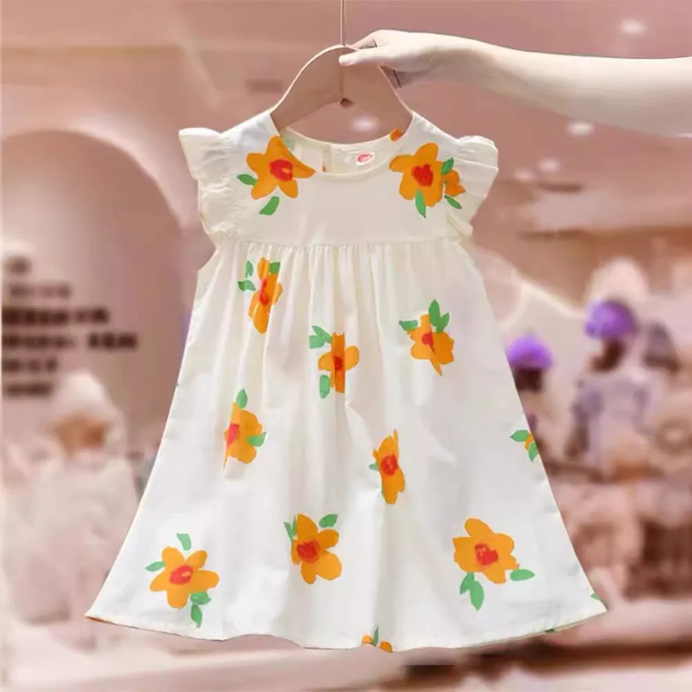 Kids Toddler Girls Casual Cute Flower Print Sleeveless A-Line Cotton Dress