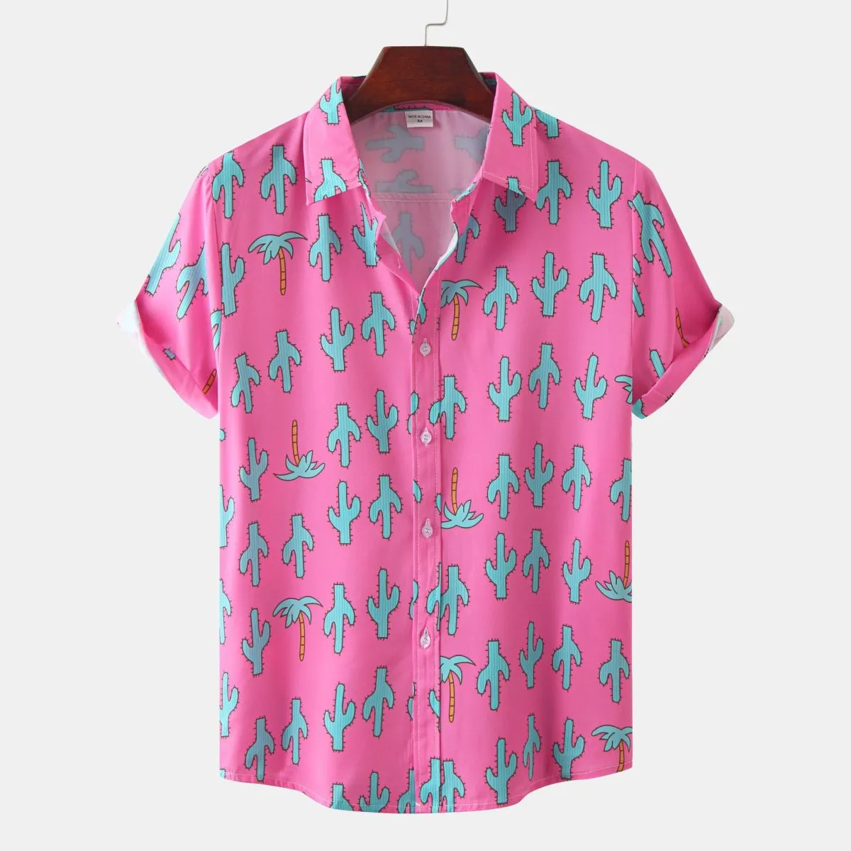 Men Summer Casual Holiday Beach Cactus Print Short Sleeve Lapel Shirt
