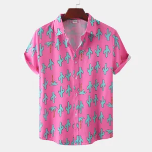 Men Summer Casual Holiday Beach Cactus Print Short Sleeve Lapel Shirt