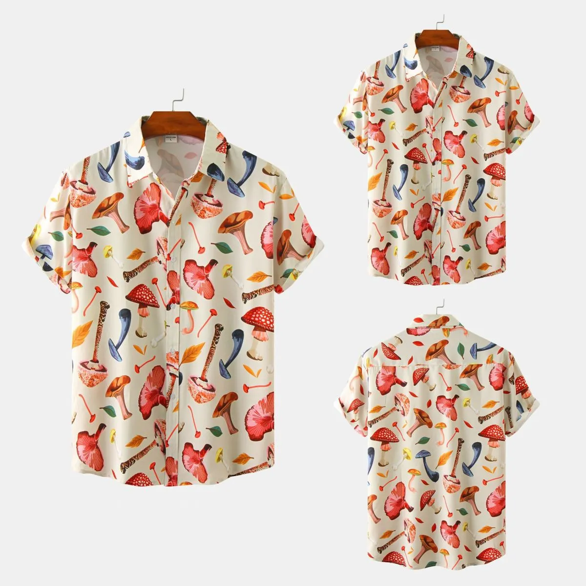 Men Summer Casual Mushroom Print Short Sleeve Slim Fit Lapel Shirt