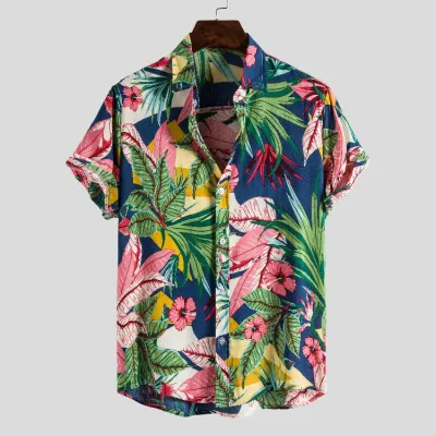 Men Summer Casual Vacation Hawaii Floral Print Short Sleeve Lapel Shirt