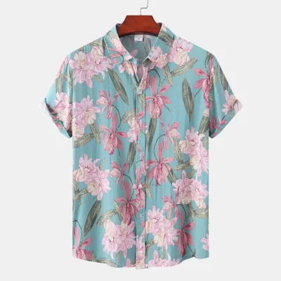 Men Summer Fashion Casual Vacation Tiny Flower Print Short Sleeve Square Collar Shirt