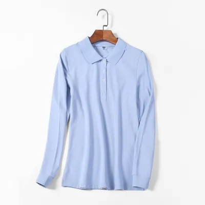 Women Casual Basic Solid Color Long-Sleeved Polo Shirt Custom