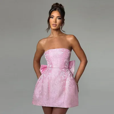 Women Elegant Jacquard Bow Strapless Dress High Waist A-Line