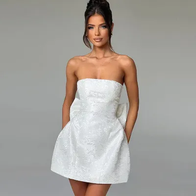 Women Elegant Jacquard Bow Strapless Dress High Waist A-Line