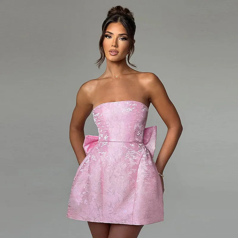 Women Elegant Jacquard Bow Strapless Dress High Waist A-Line