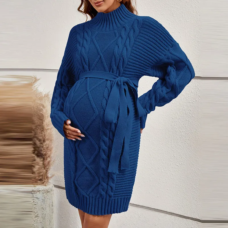 Pregnant Women Fashion Solid Color Scarf Collar Long Sleeve Knitted Lace-Up Maternity Dress