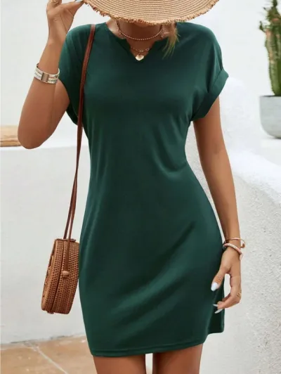 Women Casual Bat Sleeve V-Neck Midi Dress