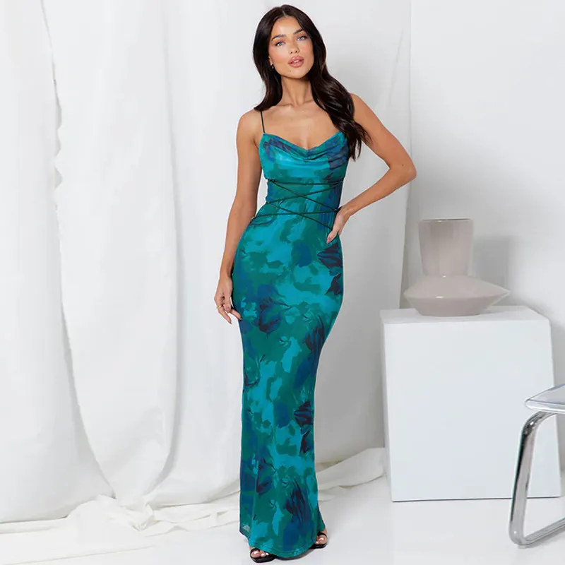 Women Sexy Floral Print Backless Lace-Up Sling Bodycon Maxi Dress