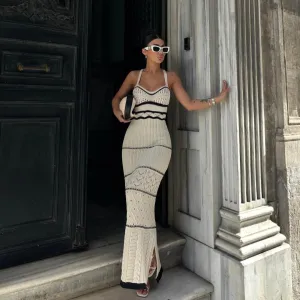 Bohemian Women Fashion Knitted Sling Bodycon Maxi Dress