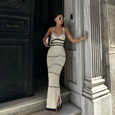 Bohemian Women Fashion Knitted Sling Bodycon Maxi Dress