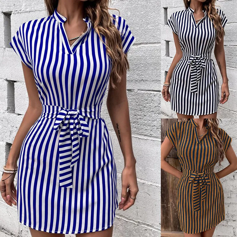 Women Stripe Print Lace-Up Pullover Dress