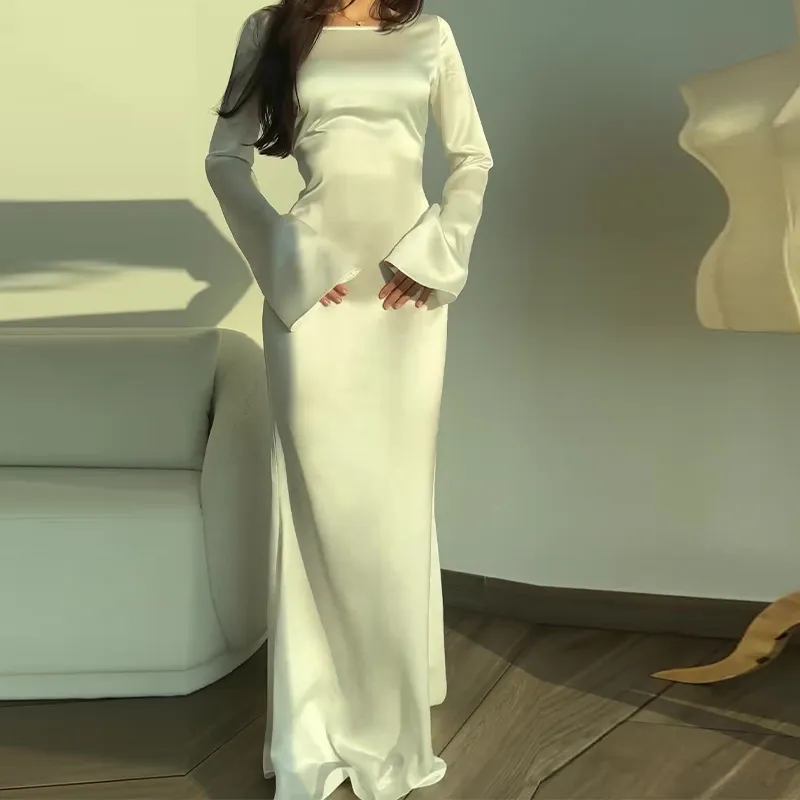 Women Elegant Solid Color Long Sleeve Maxi Dress High Waist