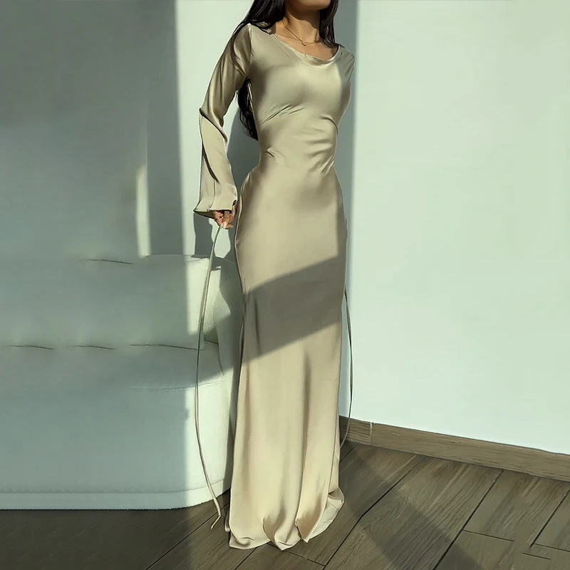 Wholesale Women Elegant Solid Color Long Sleeve Maxi Dress
