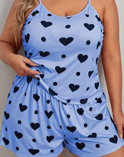 Women Plus Size Heart Print Pajamas Set - Milk Fiber Two-Piece Sleepwear