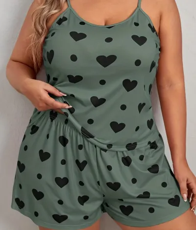 Women Plus Size Heart Print Pajamas Set - Milk Fiber Two-Piece Sleepwear