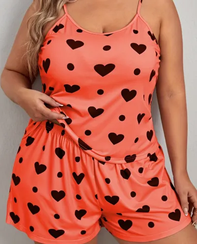 Women Plus Size Heart Print Pajamas Set - Milk Fiber Two-Piece Sleepwear