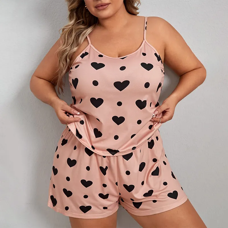 Women Plus Size Heart Print Pajamas Set - Milk Fiber Two-Piece Sleepwear