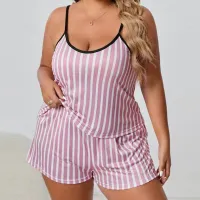 Women Plus Size Stripe-Print Pajamas Two-Piece Set