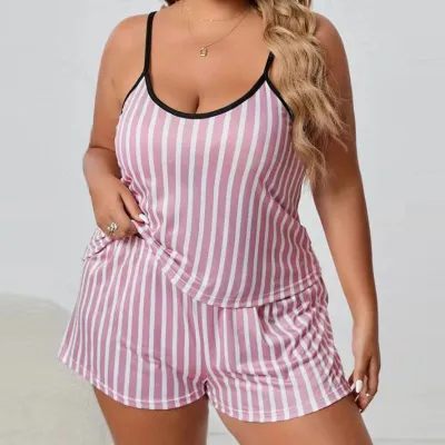 Women Plus Size Stripe-Print Pajamas Two-Piece Set