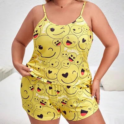 Women Plus Size Smiley-Print Pajamas Two-Piece Set
