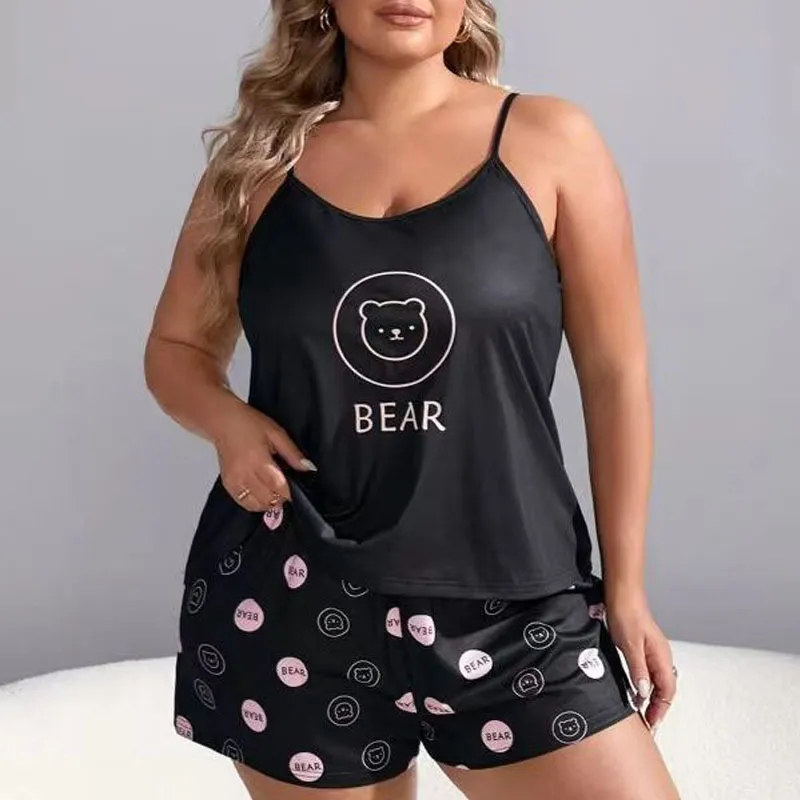Women Plus Size Bear Print Pajamas Set