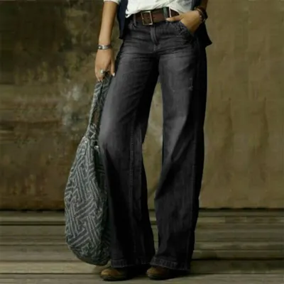 Women Retro Casual Straight Leg Wide-Leg Jeans