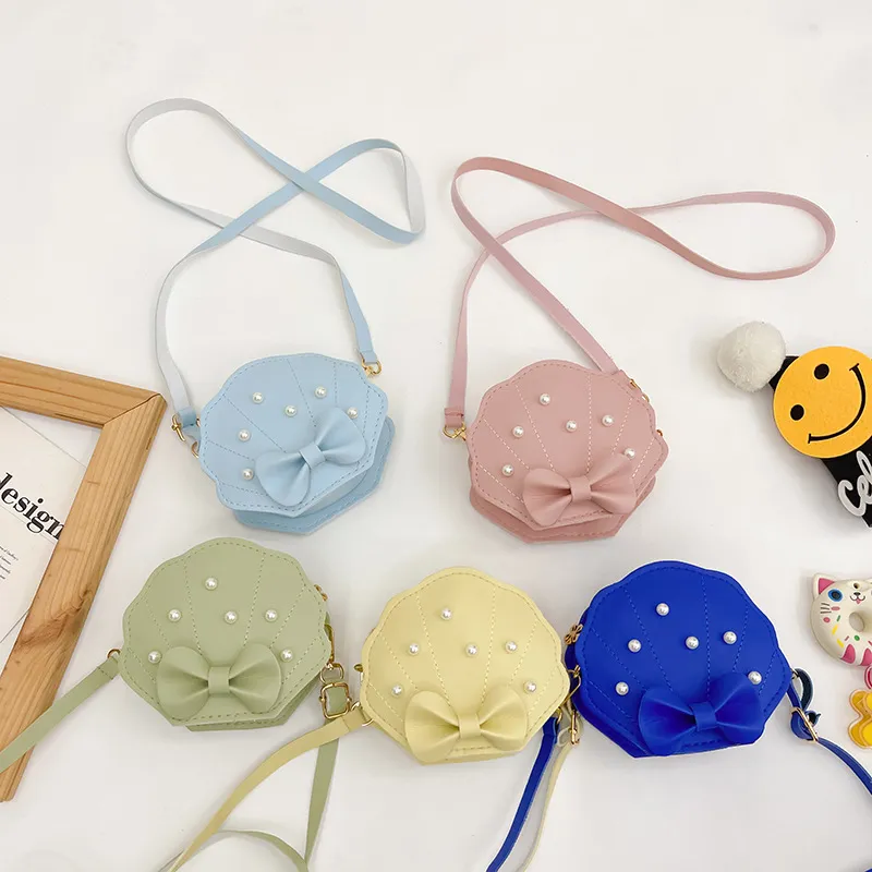 Girls Princess Pearl Shell Bag Cute Bow PU Leather Crossbody Bag