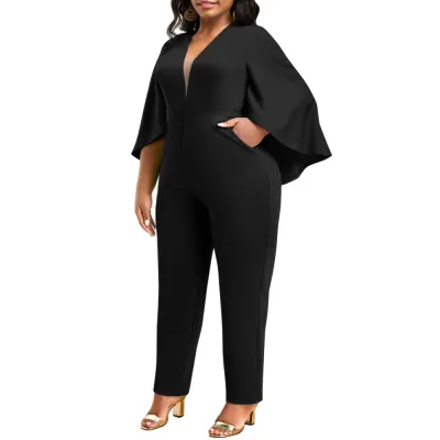 Women Plus Size Solid Color V-Neck Bat Cape Jumpsuits
