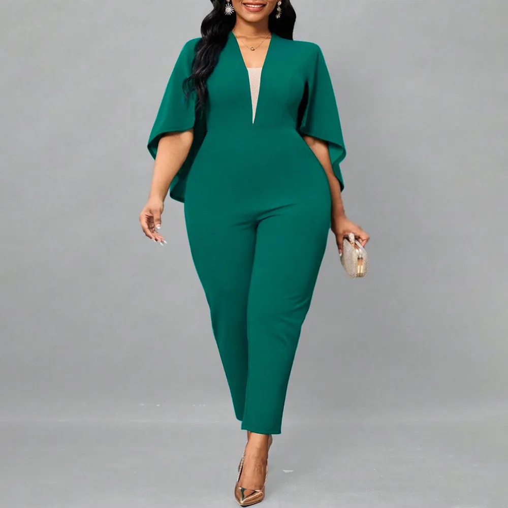 Women Plus Size Solid Color V-Neck Bat Cape Jumpsuits