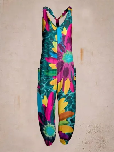 Women Casual Plus Size Loose Floral Printed Jumpsuits