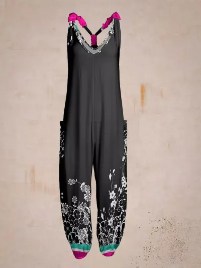 Women Casual Plus Size Loose Floral Printed Jumpsuits