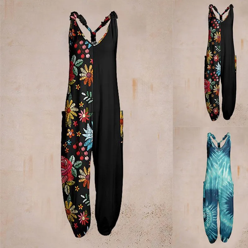 Women Casual Plus Size Loose Floral Printed Jumpsuits