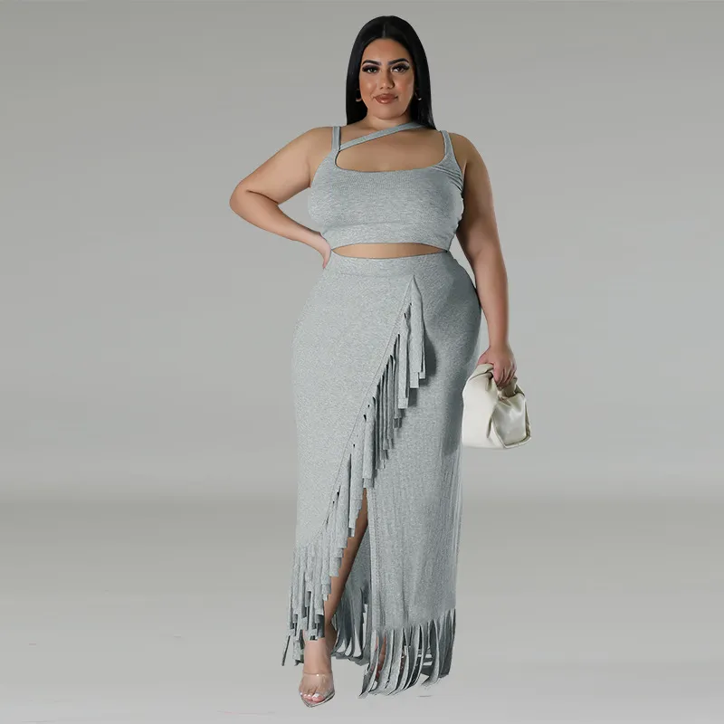 Summer Women Plus Size Solid Color Camisole Top Tassel Split Skirt Two-Piece Set