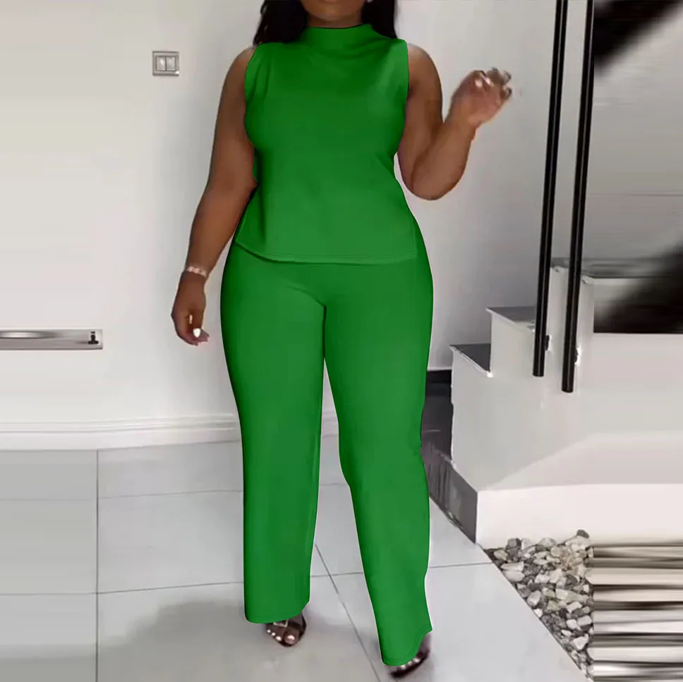 Summer Women Casual Plus Size Solid Color Sleeveless Top Wide Leg Pants Two-Piece Set