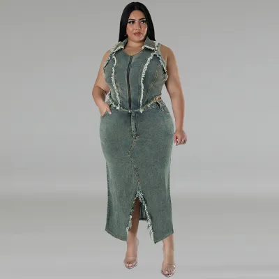Summer Women Fashion Plus Size Denim Tassel Zipper Vest Top Split Skirt Two-Piece Set