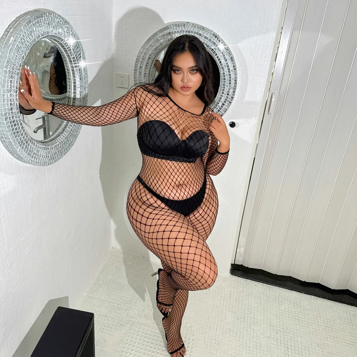 Women Sexy Fashionable Plus Size Fishnet Crotch-Free Jumpsuits Lingerie