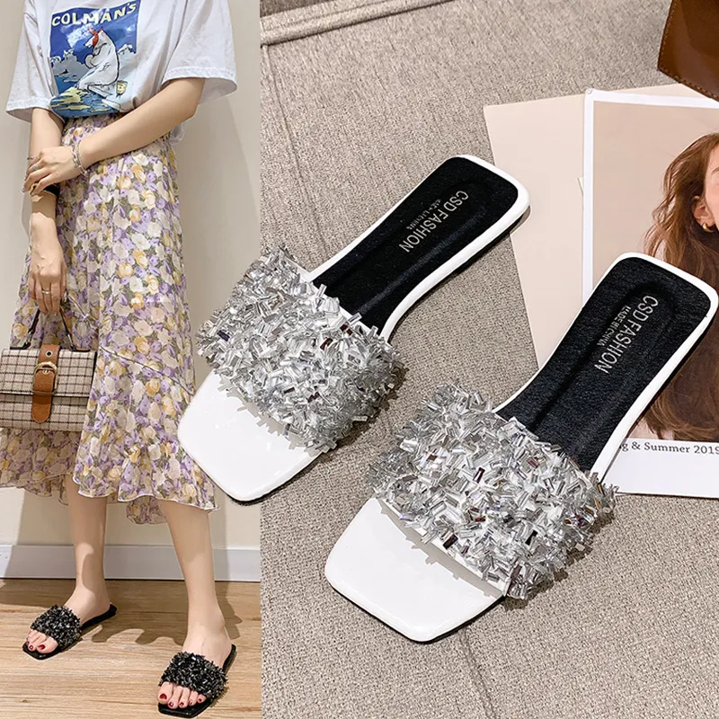 Women Rhinestone Square Toe Flat Slippers Plus Size in Solid Color