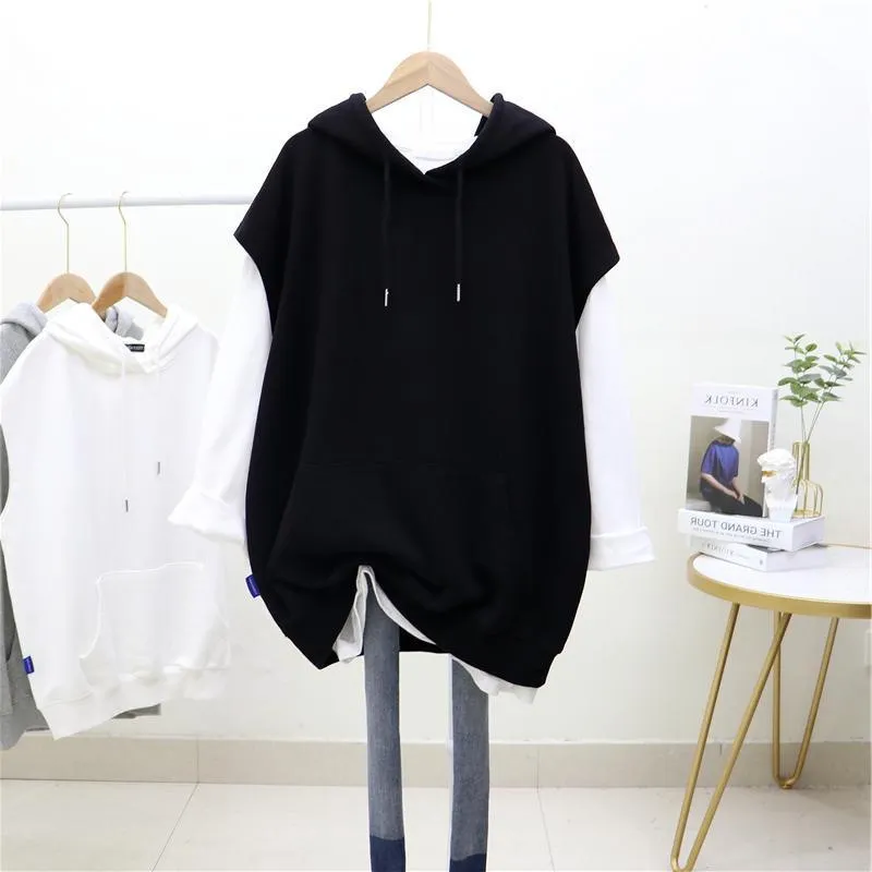 Summer Women Casual Loose Solid Color Plus Size Hooded Pullover Sweatshirt