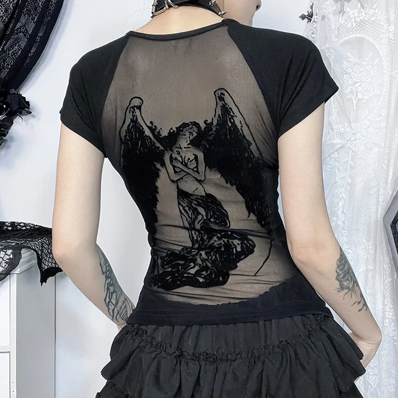 Summer Women Fashion Dark Gothic Backless Flocking Printed Round Neck Short-Sleeved T-Shirt