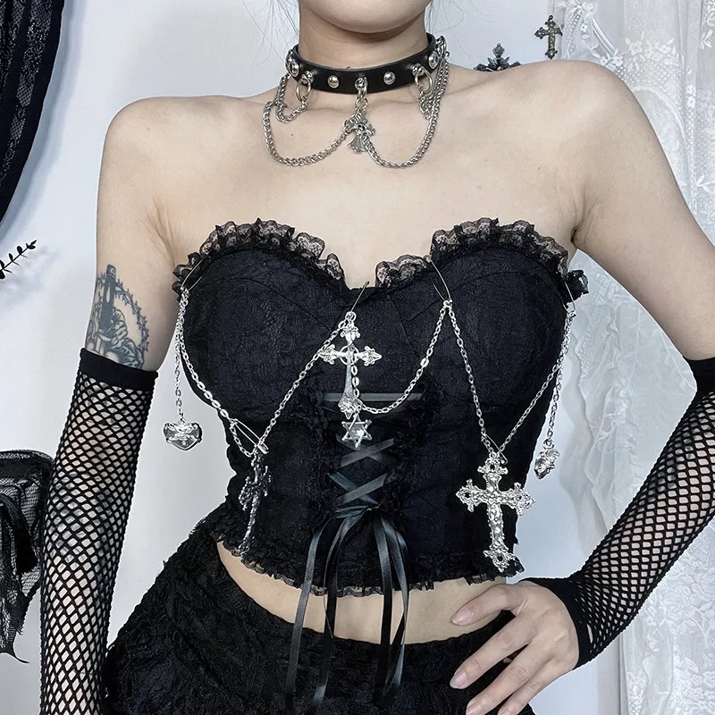 Summer Women Fashion Sexy Dark Gothic Cross Chain Lace Strapless Vest