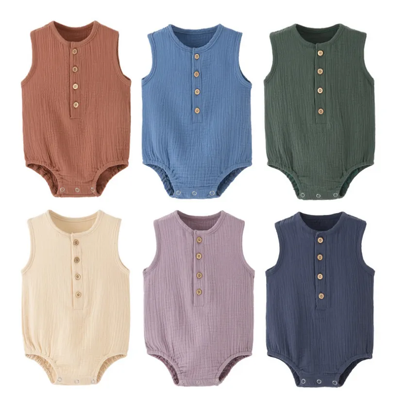 Newborn Baby Summer Breathable Solid Color Sleeveless Cotton Romper Neutral