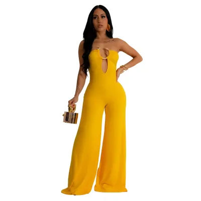 Women Solid Color Strapless Jumpsuit Elegant Long