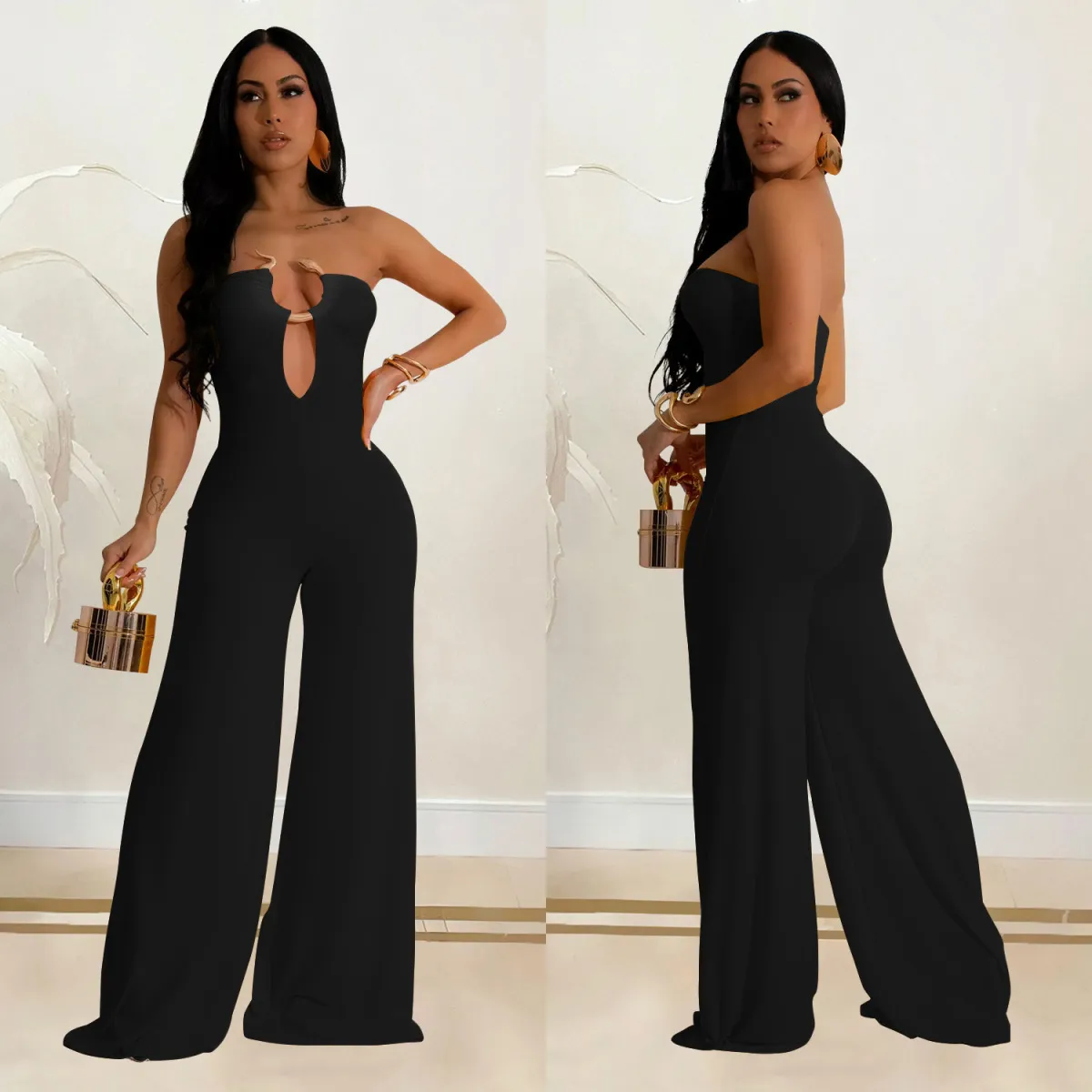 Women Solid Color Strapless Jumpsuit Elegant Long