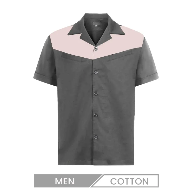 Men Casual Color Contrast Cuban Collar Short Sleeve Custom Bowling Shirt