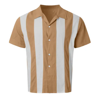 Men Vintage Stripe Print Lel Short Sleeve Custom Bowling Shirt