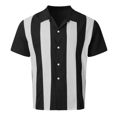 Men Vintage Stripe Print Lel Short Sleeve Custom Bowling Shirt